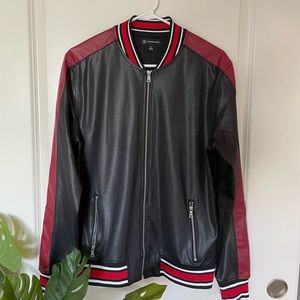 INC red and black leather bomber jacket